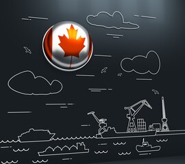 Sea port, marine cargo terminal, freight vessels or ships carrying containers drawn with contour lines. Maritime transportation. Illustration in linear style. Flag of the Canada. 3D rendering