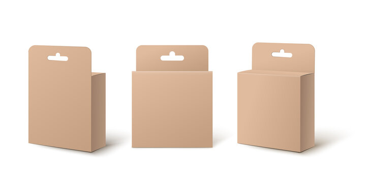 Realistic small retail package box mockup set from front, back and side view