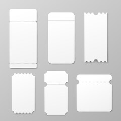 Concert or cinema tickets realistic mockups set, vector illustration isolated.