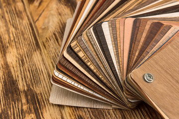 Sample of wood laminated chipboard for furniture design.