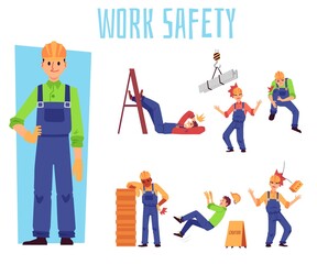 Work safety set with cartoon builder men in pain from falling objects