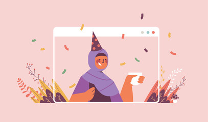 arabic woman in festive hat celebrating online birthday party celebration self isolation quarantine concept web browser window portrait horizontal vector illustration