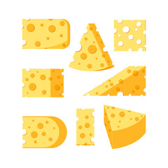 Cheese with hole various shapes slices vector set isolated on white background. Flat design cartoon style triangular, square, rectangular, round pieces of yellow cheese illustration. Organic milk food