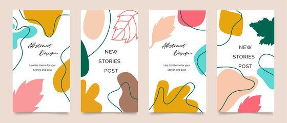 Social media stories and post template vector set. Abstract shapes cover background with floral and copy space for text and images. Vector illustration.