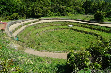 珍しいサークルの形をした段々畑　長崎市の風景