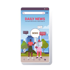 man woman reading newspaper discussing daily news during meeting in park chat bubble communication concept smartphone screen mobile app full length vertical copy space vector illustration