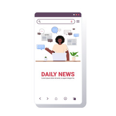 african american man reading online newspaper daily news on laptop chat bubble communication concept smartphone screen mobile app copy space portrait vector illustration