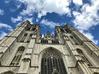 Fototapeta premium Facade of the Cathedral of St. Michael and St. Gudula, a medieval Roman Catholic church in central Brussels, Belgium.