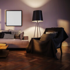 Modern living room interior with template frames by artificial light (detail) - 3d illustration