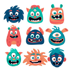 The heads of the kids of monsters. Mascot set. A group of cute emotional characters.