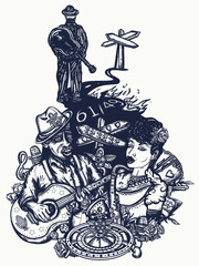 Blues music concept. Musical legend, crossroads 61/49 and devil. Elderly Afro American bluesman playing slide guitar. Tattoo and t-shirt design. Beautiful black jazz woman, saxophone