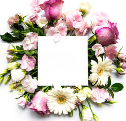 Pink flowers in frame with white square for text