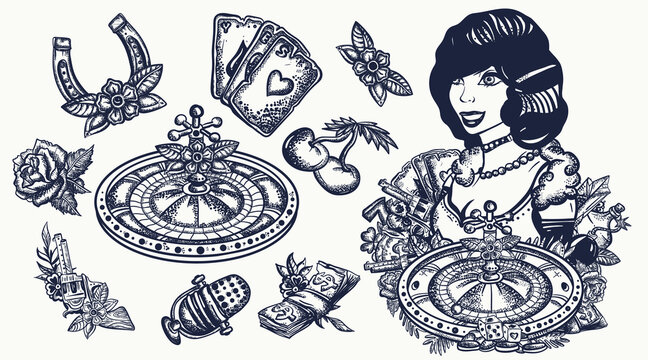 Noir criminal movie art. Gangsters. Mafia set. Old school tattoo collection. Crime lady, croupier pin up girl, casino roulette