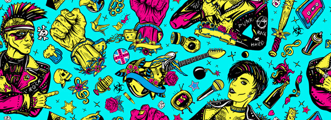 Punk girl lifestyle. Hooligans. Anarchy art. Music concept. Rock culture musical background. Seamless pattern. Punker with mohawk, electric guitar, rock woman