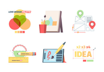 Designer graphic tools set. Creative color selection palette development website layout canvas with abstract geometric shapes magnification of word idea graphical editor. Vector web style.
