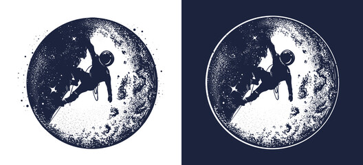 Astronaut and moon tattoo and t-shirt. Spaceman and new planets. Black and white vector graphics © intueri