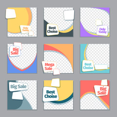 Social discounts and fashion sales template set. Modern posters with geometric color design marketing insta advertising minimalistic banner trend offers in social networks sites. Vector sticker.