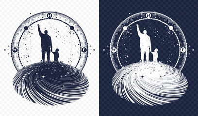 Father and son tattoo art. Happy family of the future. Life education. Immortality of human life t-shirt design. Black and white vector graphics © intueri