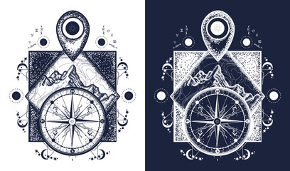 Mountain, map pointer and compass tattoo. Adventure, travel, outdoors, symbol. Tourism t-shirt design. Black and white vector graphics © intueri
