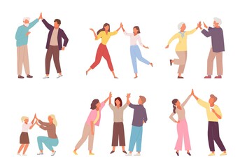 Fototapeta premium Characters give five to each other set. People clap their hands gesture of cheerful successful team meeting friendly partnership happy childrens game. Vector collaboration.