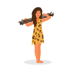 Prehistoric woman in clothing from animal skin flat vector illustration isolated.