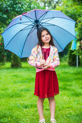 autumn time. small girl hold cute kitten. kid love her pet. human and animals. love and care. fluffy cat in hand of pretty child. little beauty outdoor under umbrella. happy childhood. pet lover