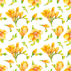 Watercolor seamless pattern of yellow freesia flowers.Suitable for printing Wallpaper, fabrics, postcards, etc