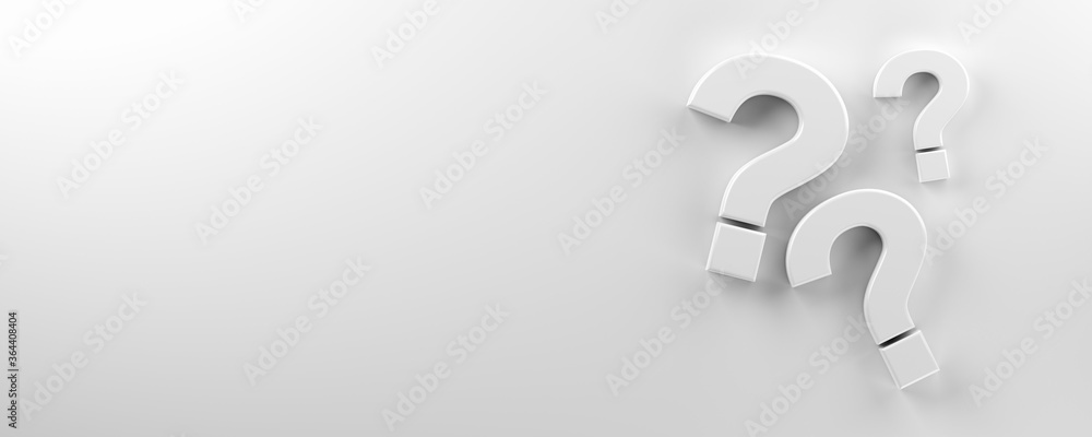 Poster three white question marks symbol on white floor flat lay top view from above with copy space, quest