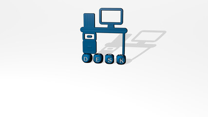3D illustration of DESK graphics and text made by metallic dice letters for the related meanings of the concept and presentations. business and background