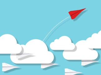 Red paper plane emerge from cloud shapes with white paper planes underneath on blue, business concept for leadership, new ideas, innovation or creativity