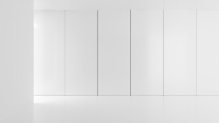 Empty, abstract, modern white walls room with light from the left and backwall panels background - gallery, product or modern interior template