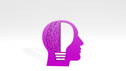 idea in brain from a perspective on the wall. A thick sculpture made of metallic materials of 3D rendering. illustration and concept