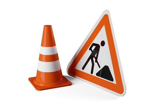 Single orange traffic warning cone or pylon with street or road construction sign on white background - under construction, maintenance or attention concept