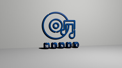 3D representation of MUSIC with icon on the wall and text arranged by metallic cubic letters on a mirror floor for concept meaning and slideshow presentation. illustration and background