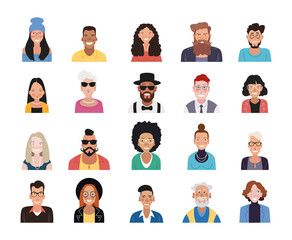 Bright person portrait. Avatars set. Hand drawn flat style. Illustration of male and female faces and shoulders. Vector people icons.