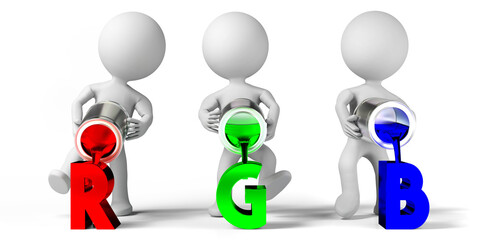 RGB colors - red, green, blue, cartoon characters - 3D illustration