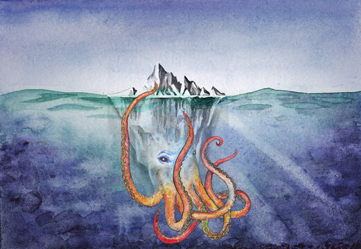 Watercolor drawing of an iceberg and octopus on the darknet