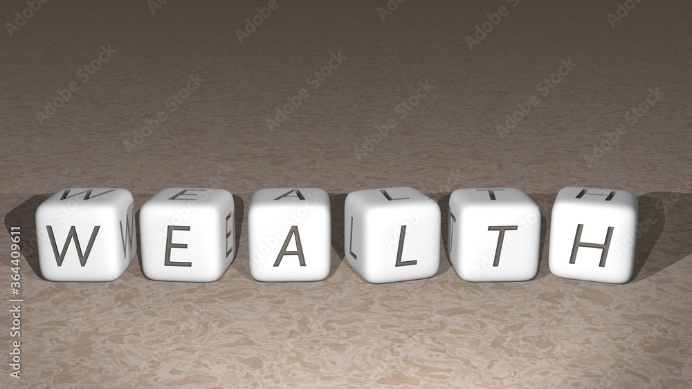 Poster wealth built by dice letters and color crossing for the related meanings of the concept by 3d render