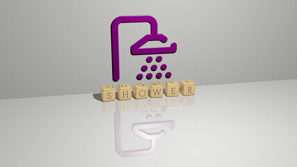 3D graphical image of shower vertically along with text built by metallic cubic letters from the top perspective, excellent for the concept presentation and slideshows. illustration and baby