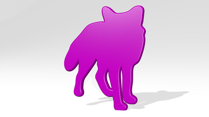 fox stand with shadow. 3D illustration of metallic sculpture over a white background with mild texture. animal and cute