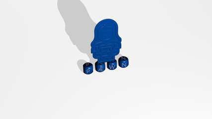3D graphical image of pawn vertically along with text built by metallic cubic letters from the top perspective, excellent for the concept presentation and slideshows. chess and illustration