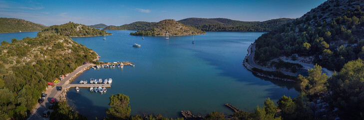 Aerial panoramic view of Nature park Telascica on island of Dugi Otok with  beautiful seascape and marine,  Dalmatia, Croatia