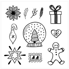 Christmas illustrations in black and white, set of simple hand drawn vector drawings in doodle style