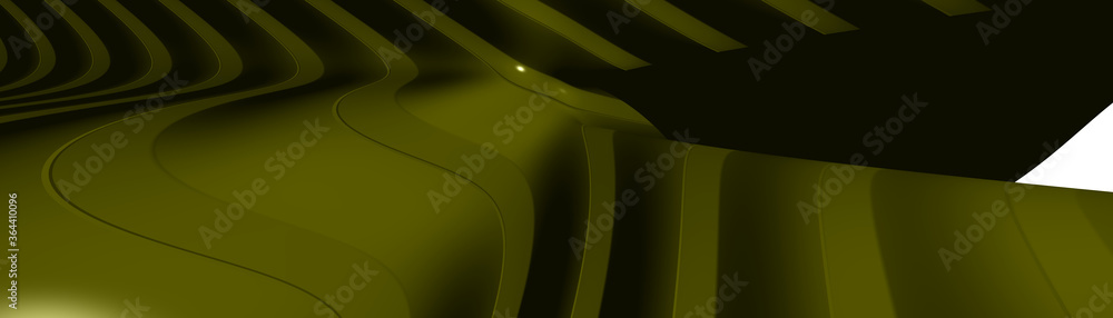 Poster ultra wide 3d abstract background of curved geometrical patterns of olive color with lighting and sh