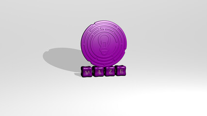 3D graphical image of maze vertically along with text built by metallic cubic letters from the top perspective, excellent for the concept presentation and slideshows. illustration and labyrinth