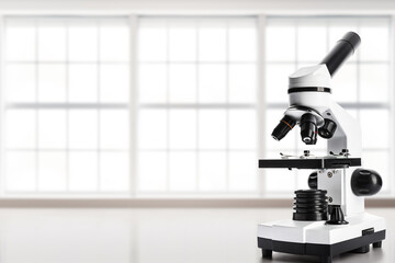 Modern microscope in empty room