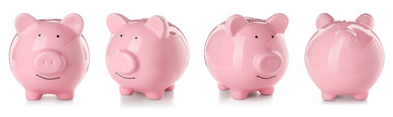 Cute piggy banks on white background