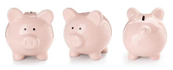 Cute piggy banks on white background