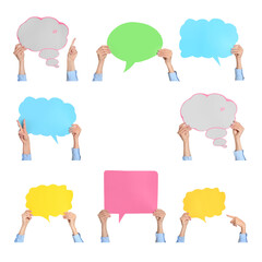 Many female hands with blank speech bubbles on white background