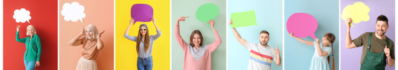 Different people with blank speech bubbles